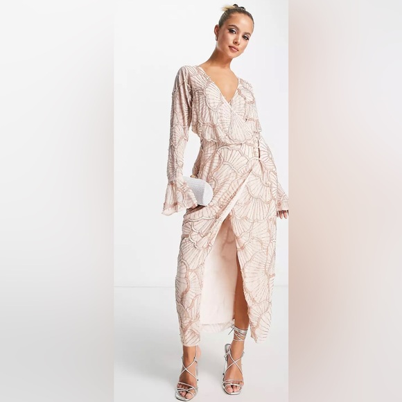 ASOS Dresses & Skirts - ASOS DESIGN Embellished Wrap Midi Dress with Scallop Design in Blush - S…